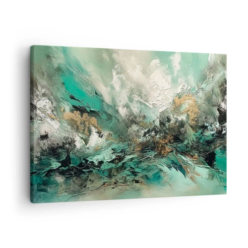 Bild auf Leinwand - Leinwandbild - Abstrakte Landschaft in Grün- und Goldtönen - 70x50cm - Smaragdgrüne und schwarze Brandung - Moderne Wanddekoration für Wohnzimmer und Schlafzimmer ARTTOR