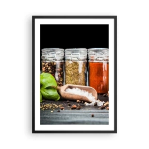 Poster in einem schwarzem Rahmen - Gläser mit Gewürzen auf dunklem Hintergrund - 50x70cm - Für einen Geschmack des Lebens - Moderne Wanddekoration für Wohnzimmer und Schlafzimmer ARTTOR
