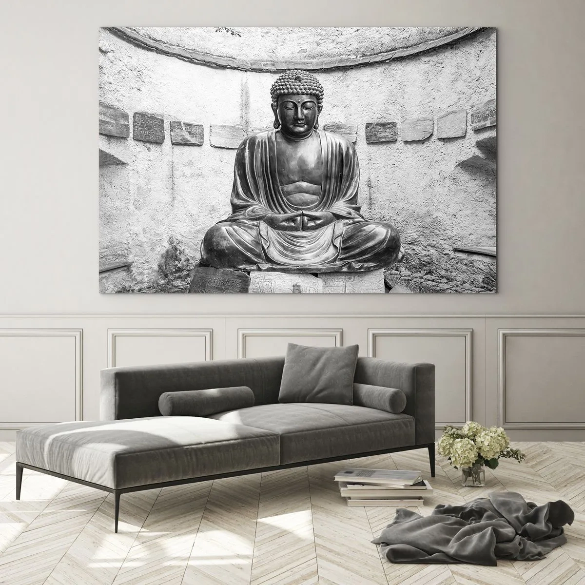 Glasbild - Bild auf glas - Schwarz-weiße Buddha-Statue in meditativer Pose - 100x70cm - An der Quelle des Friedens - Moderne Wanddekoration für Wohnzimmer und Schlafzimmer ARTTOR