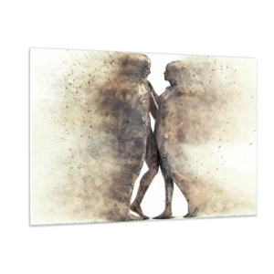 Glasbild - Bild auf glas - Abstrakte Silhouetten zweier Figuren im staubigen Stil - 120x80cm - Sie erhoben sich aus dem Staub, um zu lieben - Moderne Wanddekoration für Wohnzimmer und Schlafzimmer ARTTOR