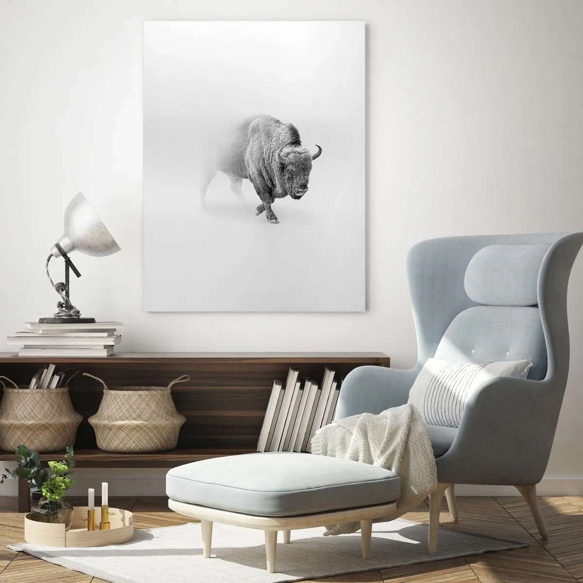 Glasbild - Bild auf glas - Weißer Bison in minimalistischem Ambiente - 80x120cm - König der Prärie - Moderne Wanddekoration für Wohnzimmer und Schlafzimmer ARTTOR