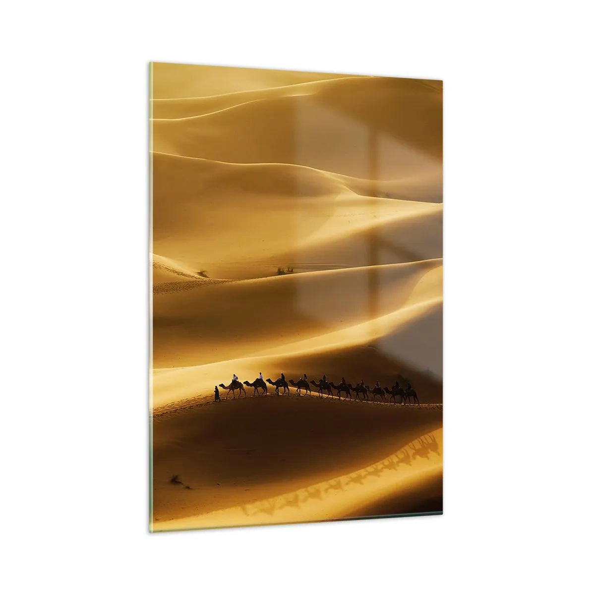 Glasbild - Bild auf glas - Eine Karawane in der Wüste im Sonnenschein - 50x70cm - Wohnwagen in den Wüstenwellen - Moderne Wanddekoration für Wohnzimmer und Schlafzimmer ARTTOR