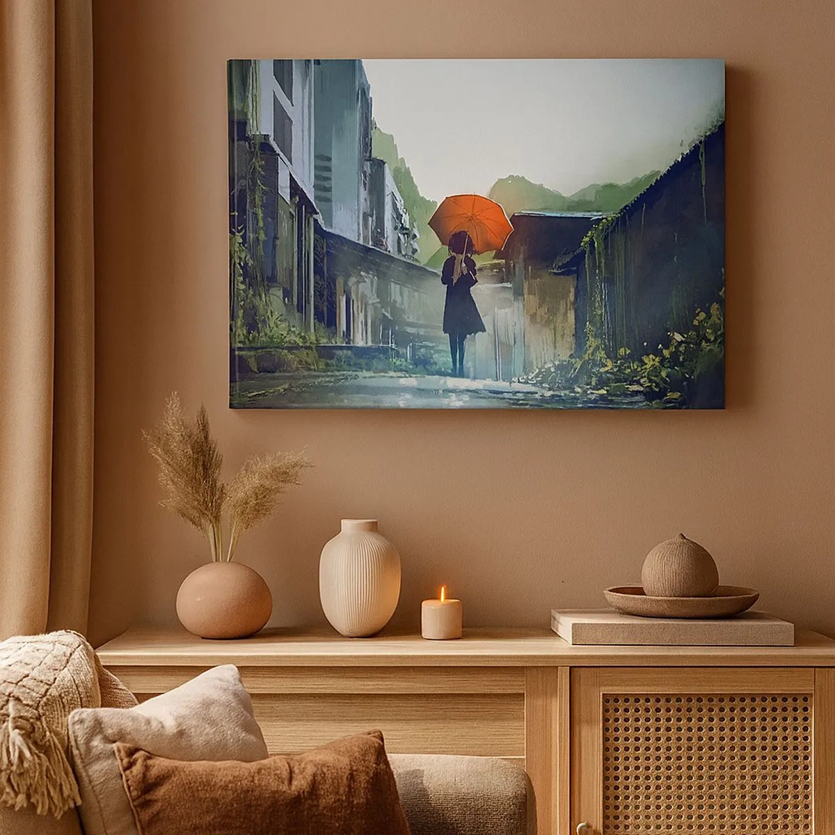 Bild auf Leinwand - Leinwandbild - Eine Figur mit einem Regenschirm in einer verregneten Stadt - 70x50cm - Belebender Regen - Moderne Wanddekoration für Wohnzimmer und Schlafzimmer ARTTOR