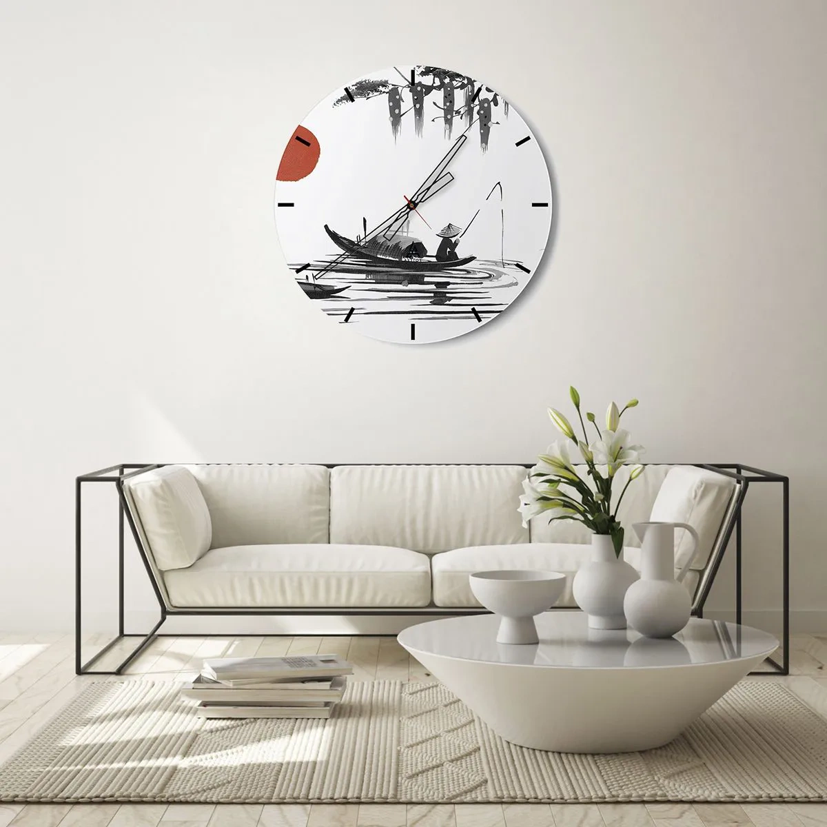 Wanduhr - Glasuhr - Traditionelle Darstellung eines Fischers in einem Boot vor einer roten Sonne - 30x30cm - Asiatischer Nachmittag - Moderne Wanddekoration für Wohnzimmer, Küche und Schlafzimmer ARTTOR