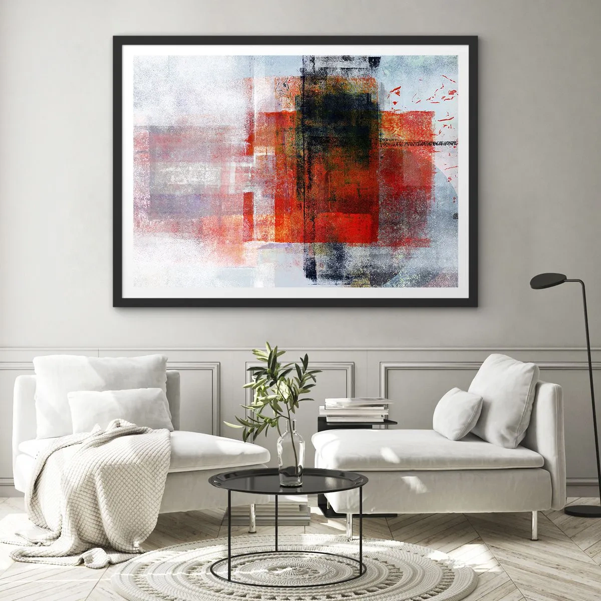 Poster in einem schwarzem Rahmen - Abstrakte geometrische Komposition mit roten und orangefarbenen Akzenten - 100x70cm - Komposition leuchtet - Moderne Wanddekoration für Wohnzimmer und Schlafzimmer ARTTOR