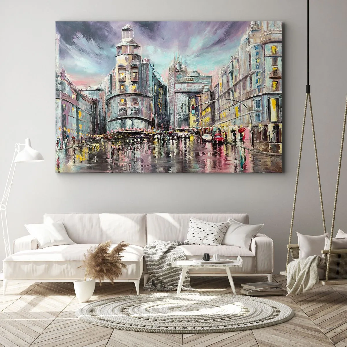 Bild auf Leinwand - Leinwandbild - Abendlicher Blick auf die Stadt mit Spiegelungen auf der nassen Straße - 70x50cm - Es wird ein gelungener Abend - Moderne Wanddekoration für Wohnzimmer und Schlafzimmer ARTTOR