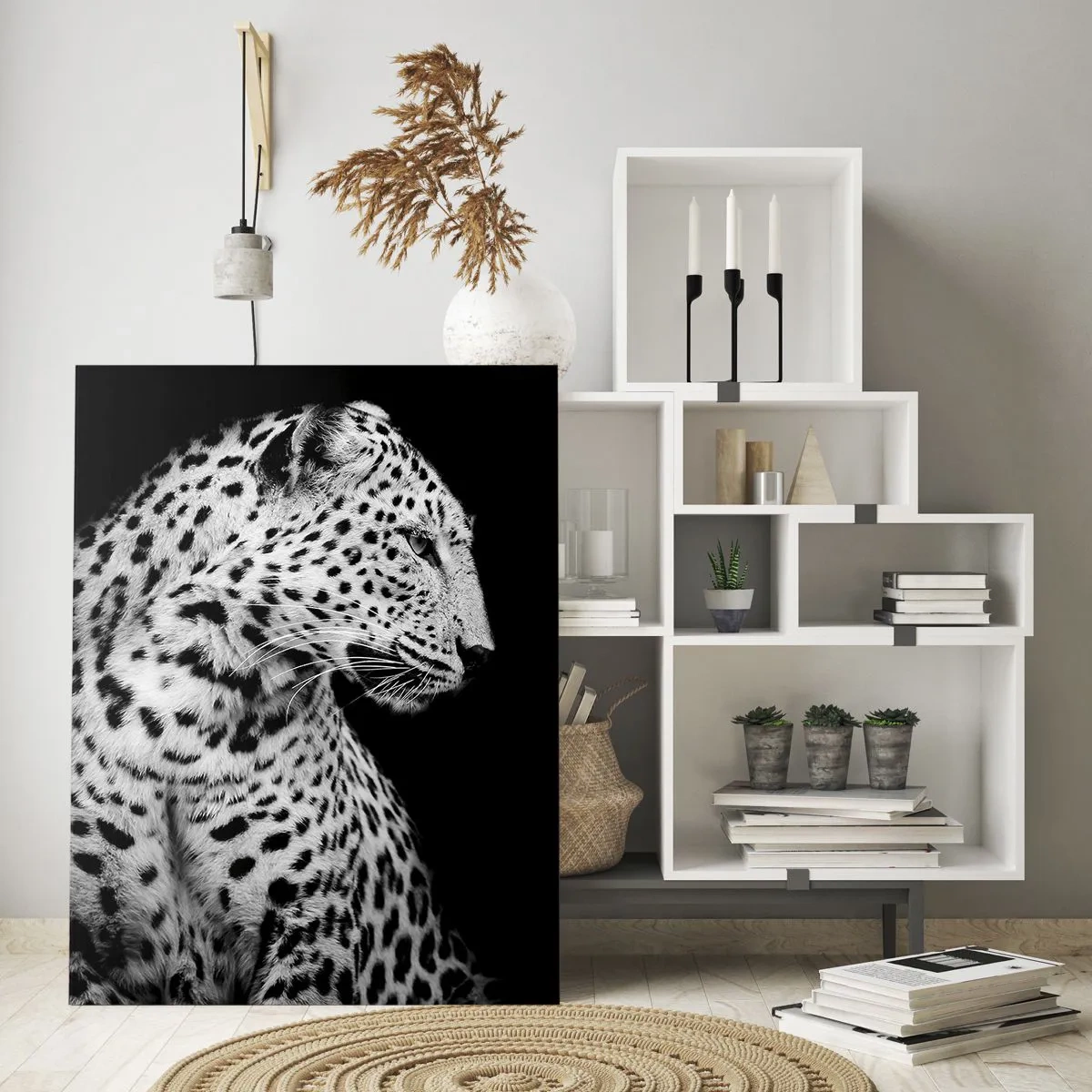 Glasbild - Bild auf glas - Schwarz-Weiß-Bild eines Leoparden auf schwarzem Hintergrund - 70x100cm - Rechtes Profil perfekt! - Moderne Wanddekoration für Wohnzimmer und Schlafzimmer ARTTOR