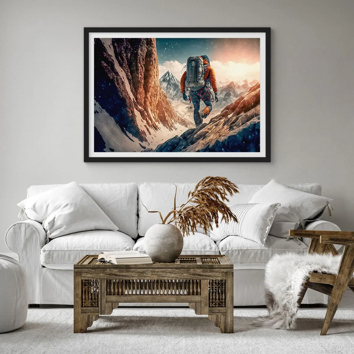 Poster in einem schwarzem Rahmen - Ein Bergsteiger auf einem Bergpfad in einer Winterlandschaft - 100x70cm - Einsamer Krieger - Moderne Wanddekoration für Wohnzimmer und Schlafzimmer ARTTOR