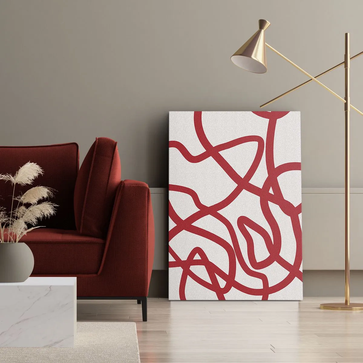 Bild auf Leinwand - Leinwandbild - Rote abstrakte Linien auf weißem Hintergrund - 50x70cm - Rot auf Weiß - Moderne Wanddekoration für Wohnzimmer und Schlafzimmer ARTTOR