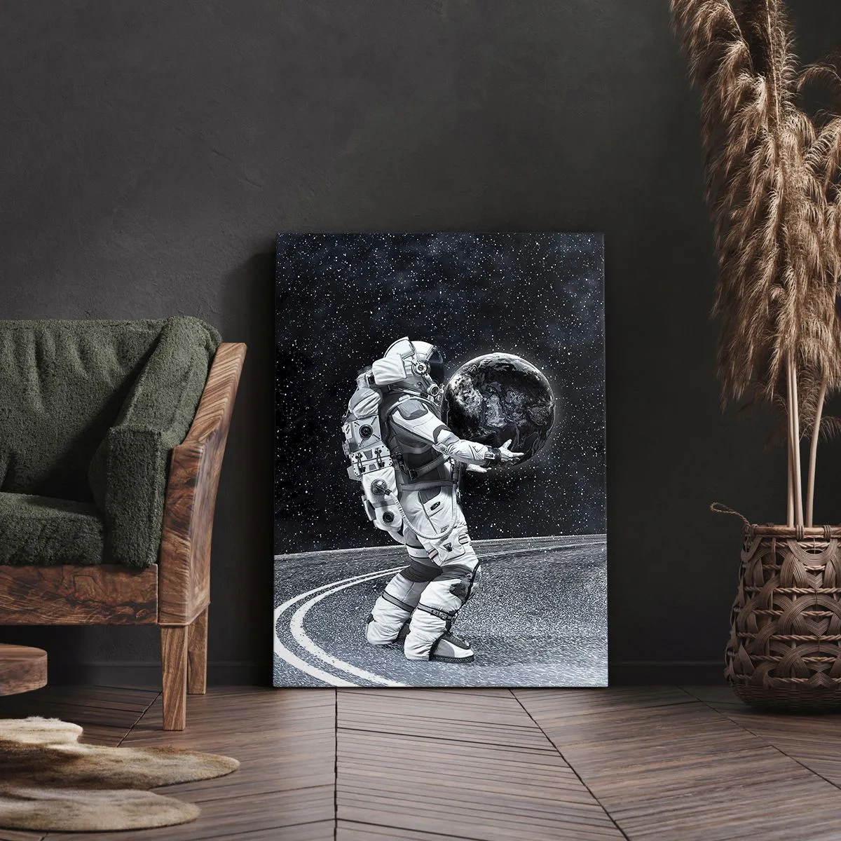 Bild auf Leinwand - Leinwandbild - Astronaut mit Erde vor dem Sternenhimmel - 80x120cm - Auf der Milchstraße - Moderne Wanddekoration für Wohnzimmer und Schlafzimmer ARTTOR
