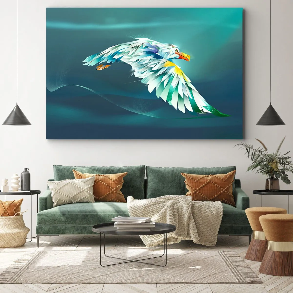 Bild auf Leinwand - Leinwandbild - Abstrakter Adler im Flug vor einem türkisfarbenen Himmel - 70x50cm - Der Adler deiner Flüge ist die Kraft - Moderne Wanddekoration für Wohnzimmer und Schlafzimmer ARTTOR