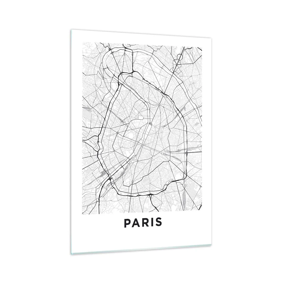 Glasbild - Bild auf glas - Schwarz-weißer Stadtplan mit Straßenraster und Ringstraßen - 50x70cm - Pariser Blume - Moderne Wanddekoration für Wohnzimmer und Schlafzimmer ARTTOR