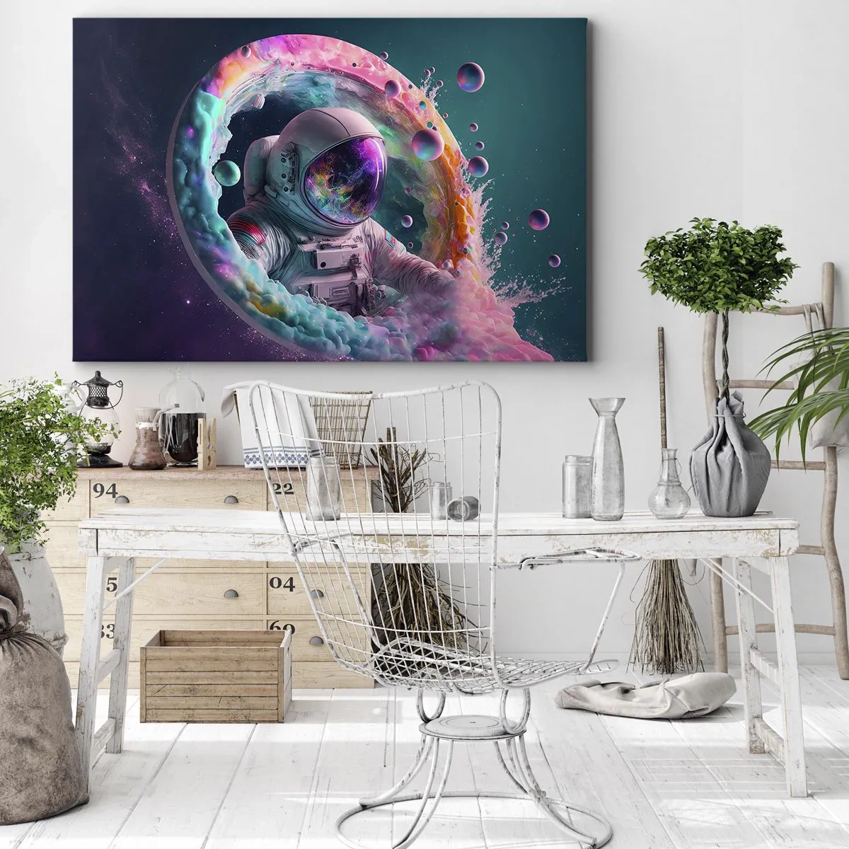 Bild auf Leinwand - Leinwandbild - Astronaut in einer farbenfrohen kosmischen Aura - 120x80cm - Sternentor - Moderne Wanddekoration für Wohnzimmer und Schlafzimmer ARTTOR