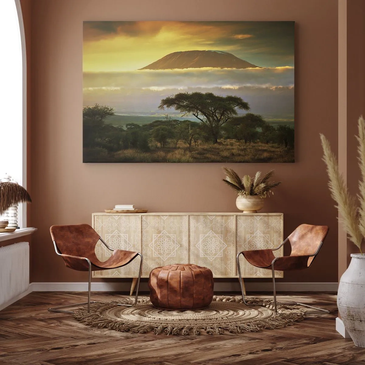 Bild auf Leinwand - Leinwandbild - Afrikanische Landschaft mit Kilimandscharo bei Sonnenaufgang - 70x50cm - Ein Reisetraum - Moderne Wanddekoration für Wohnzimmer und Schlafzimmer ARTTOR