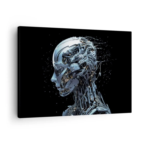 Bild auf Leinwand - Leinwandbild - Futuristisches Porträt eines Cyborgs im Industriestil auf schwarzem Hintergrund. - 70x50cm - Technologie ist eine Frau - Moderne Wanddekoration für Wohnzimmer und Schlafzimmer ARTTOR
