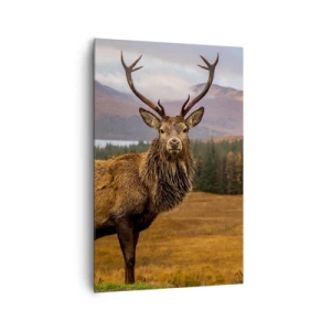 Bild auf Leinwand - Leinwandbild - Ein Hirsch vor der Kulisse einer Berglandschaft mit Seen und Wäldern - 80x120cm - Die Majestät der Natur - Moderne Wanddekoration für Wohnzimmer und Schlafzimmer ARTTOR