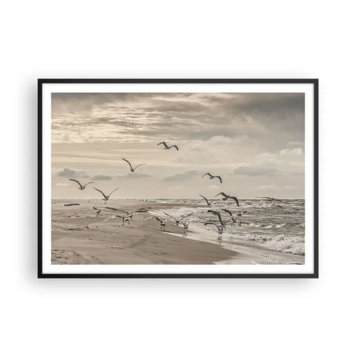 Poster in einem schwarzem Rahmen - Eine Möwe im Flug über einer Küstenlandschaft - 100x70cm - Meeresrauschen, Vogelgesang - Moderne Wanddekoration für Wohnzimmer und Schlafzimmer ARTTOR