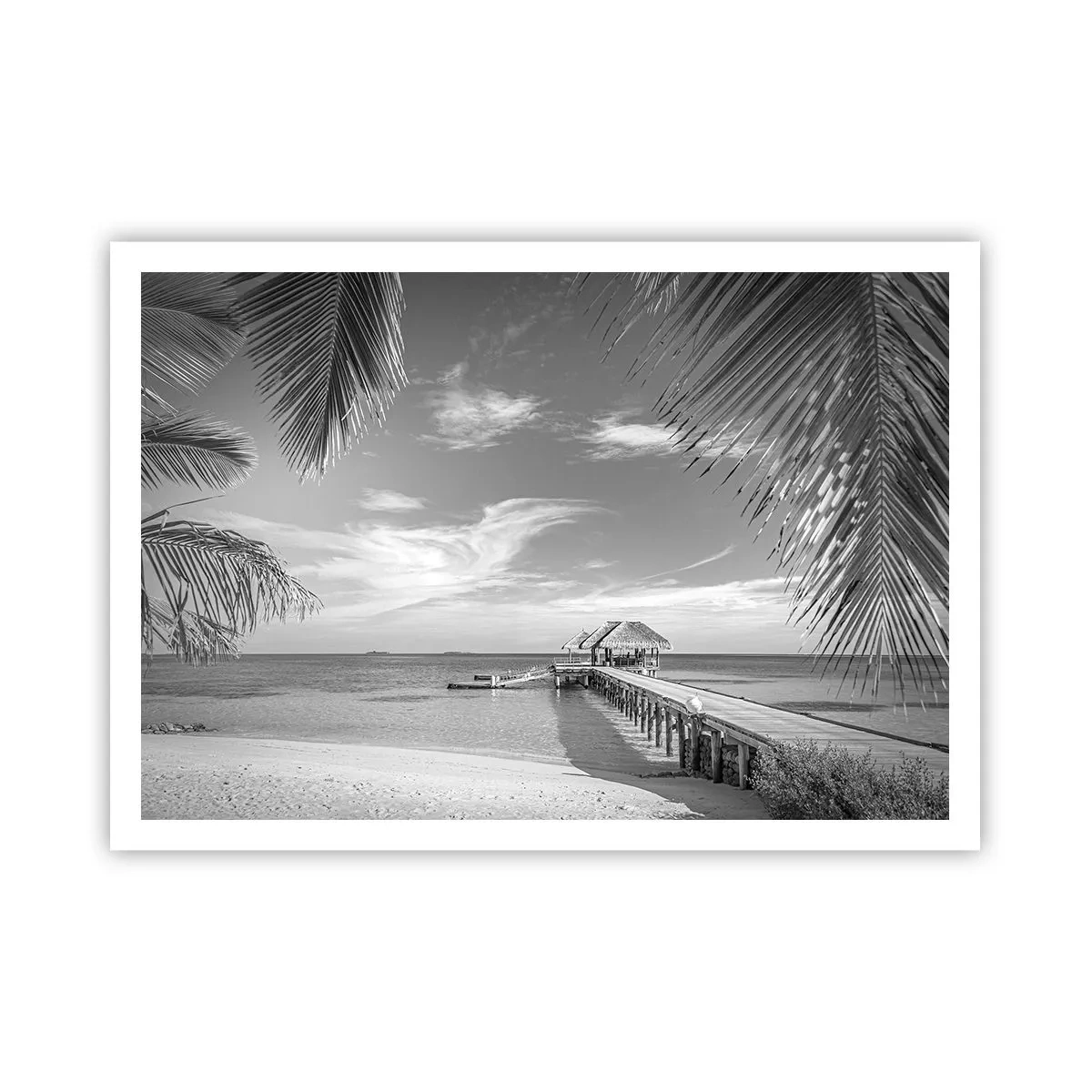 Poster - Schwarz-weißer Strand mit Pier und Palmen an einer tropischen Küste - 100x70cm - Erinnerung oder Traum? - Moderne Wanddekoration für Wohnzimmer und Schlafzimmer ARTTOR