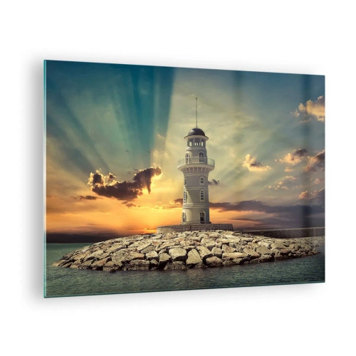 Glasbild - Bild auf glas - Ein Leuchtturm vor der Kulisse der untergehenden Sonne - 70x50cm - Licht - Gut - Schönheit - Moderne Wanddekoration für Wohnzimmer und Schlafzimmer ARTTOR