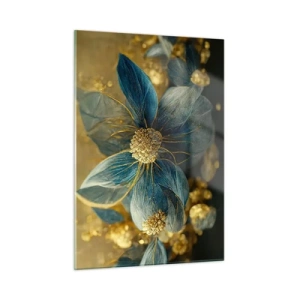Glasbild - Bild auf glas - Blaue und goldene Blumen mit einem luxuriösen Gefühl - 50x70cm - Mit Gold blühen - Moderne Wanddekoration für Wohnzimmer und Schlafzimmer ARTTOR