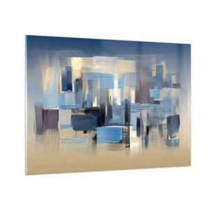 Glasbild - Bild auf glas - Geometrische Pinselstriche in Blau- und Beigetönen - 70x50cm - Blaue Konstruktion - Moderne Wanddekoration für Wohnzimmer und Schlafzimmer ARTTOR