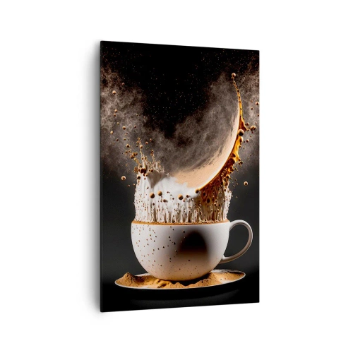 Bild auf Leinwand - Leinwandbild - Eine Tasse Kaffee mit einer dynamischen Flüssigkeitsexplosion auf schwarzem Hintergrund. - 80x120cm - Geschmacksexplosion - Moderne Wanddekoration für Wohnzimmer und Schlafzimmer ARTTOR