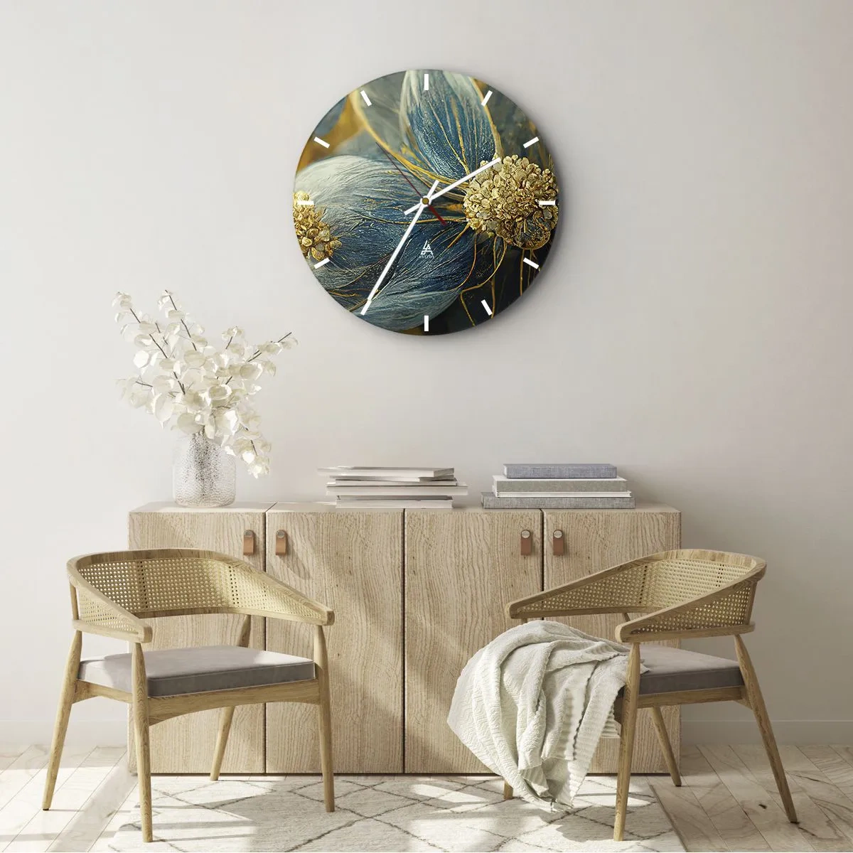 Wanduhr - Glasuhr - Eine Blume in Gold- und Blautönen - 30x30cm - Mit Gold blühen - Moderne Wanddekoration für Wohnzimmer, Küche und Schlafzimmer ARTTOR