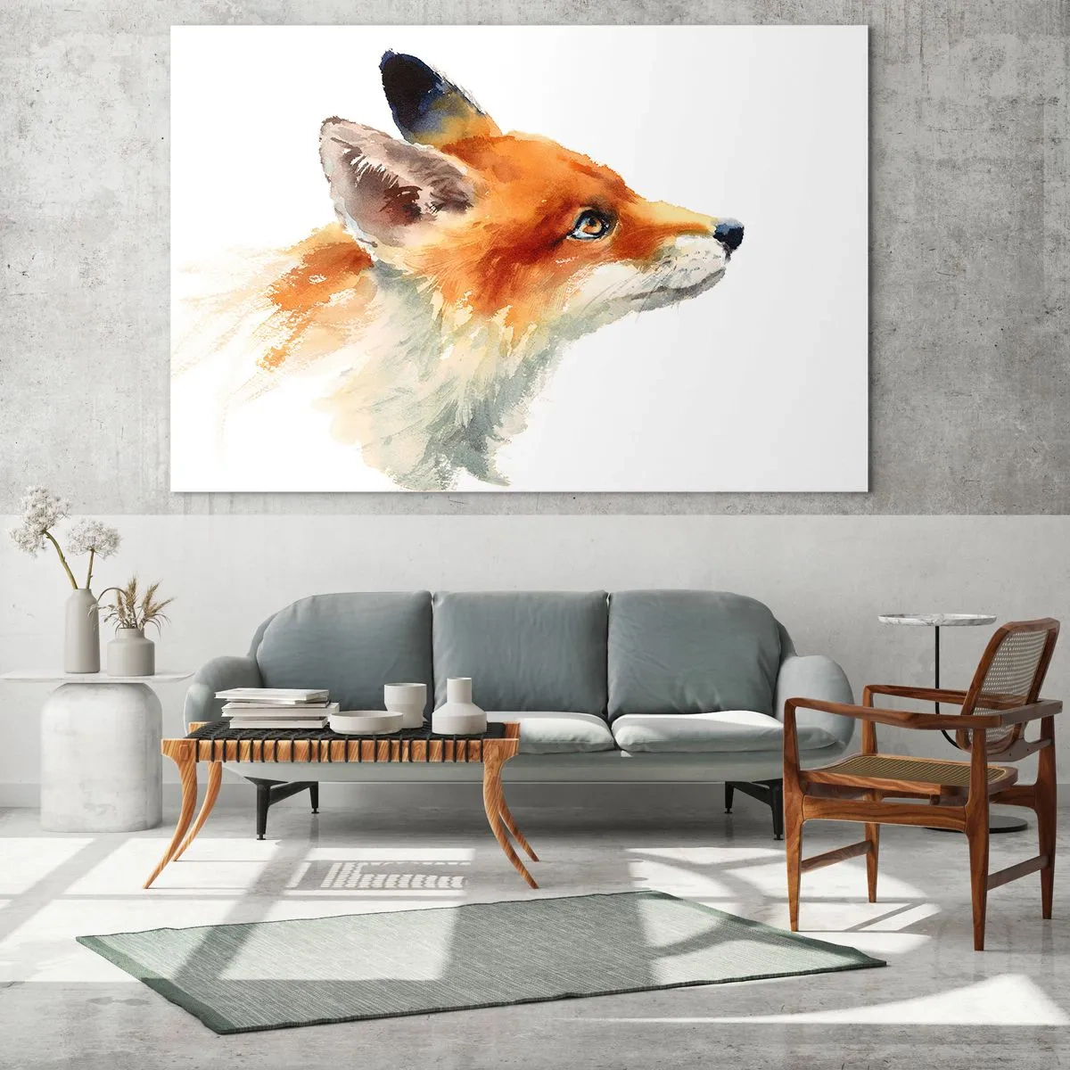 Glasbild - Bild auf glas - Aquarell-Illustration eines Fuchses, der in die Ferne blickt - 100x70cm - Man kann nie vorsichtig genug sein - Moderne Wanddekoration für Wohnzimmer und Schlafzimmer ARTTOR