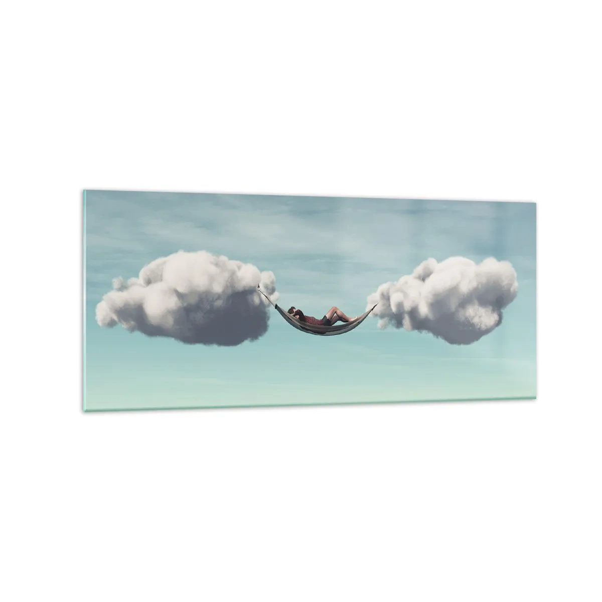 Glasbild - Bild auf glas - Eine Person entspannt in einer Hängematte in den Wolken - 120x50cm - Die Behaglichkeit des Augenblicks - Moderne Wanddekoration für Wohnzimmer und Schlafzimmer ARTTOR