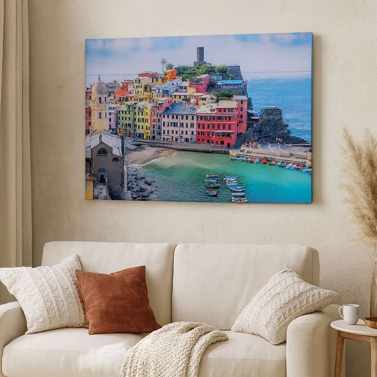Bild auf Leinwand - Leinwandbild - Eine farbenfrohe Küstenstadt mit einem malerischen Hafen - 70x50cm - Mediterrane Zauberstadt - Moderne Wanddekoration für Wohnzimmer und Schlafzimmer ARTTOR