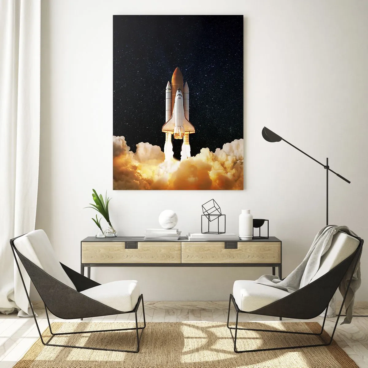 Glasbild - Bild auf glas - Eine Weltraumrakete hebt vor dem Sternenhimmel ab - 70x100cm - Ad Astra! - Moderne Wanddekoration für Wohnzimmer und Schlafzimmer ARTTOR
