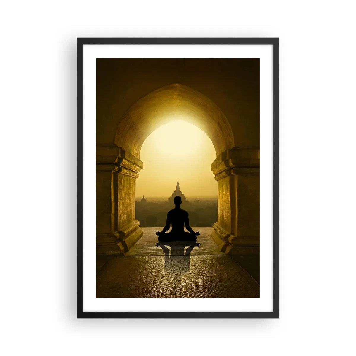 Poster in einem schwarzem Rahmen - Eine meditierende Figur im Bogen eines Tempels vor dem Hintergrund der aufgehenden Sonne - 50x70cm - Vollkommene Harmonie - Moderne Wanddekoration für Wohnzimmer und Schlafzimmer ARTTOR