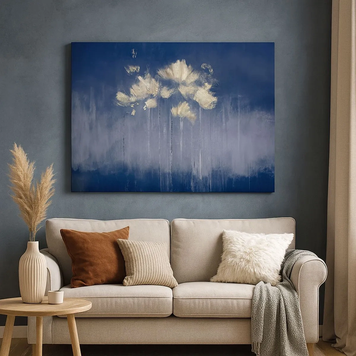 Bild auf Leinwand - Leinwandbild - Zarte Blüten auf blauem Hintergrund - 70x50cm - Wie Blütenblätter im Wind - Moderne Wanddekoration für Wohnzimmer und Schlafzimmer ARTTOR
