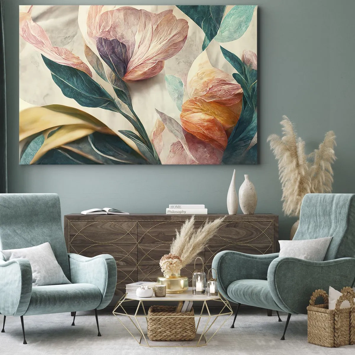 Bild auf Leinwand - Leinwandbild - Bunte Blumen im tropischen Stil auf hellem Hintergrund - 70x50cm - Blumen der südlichen Inseln - Moderne Wanddekoration für Wohnzimmer und Schlafzimmer ARTTOR