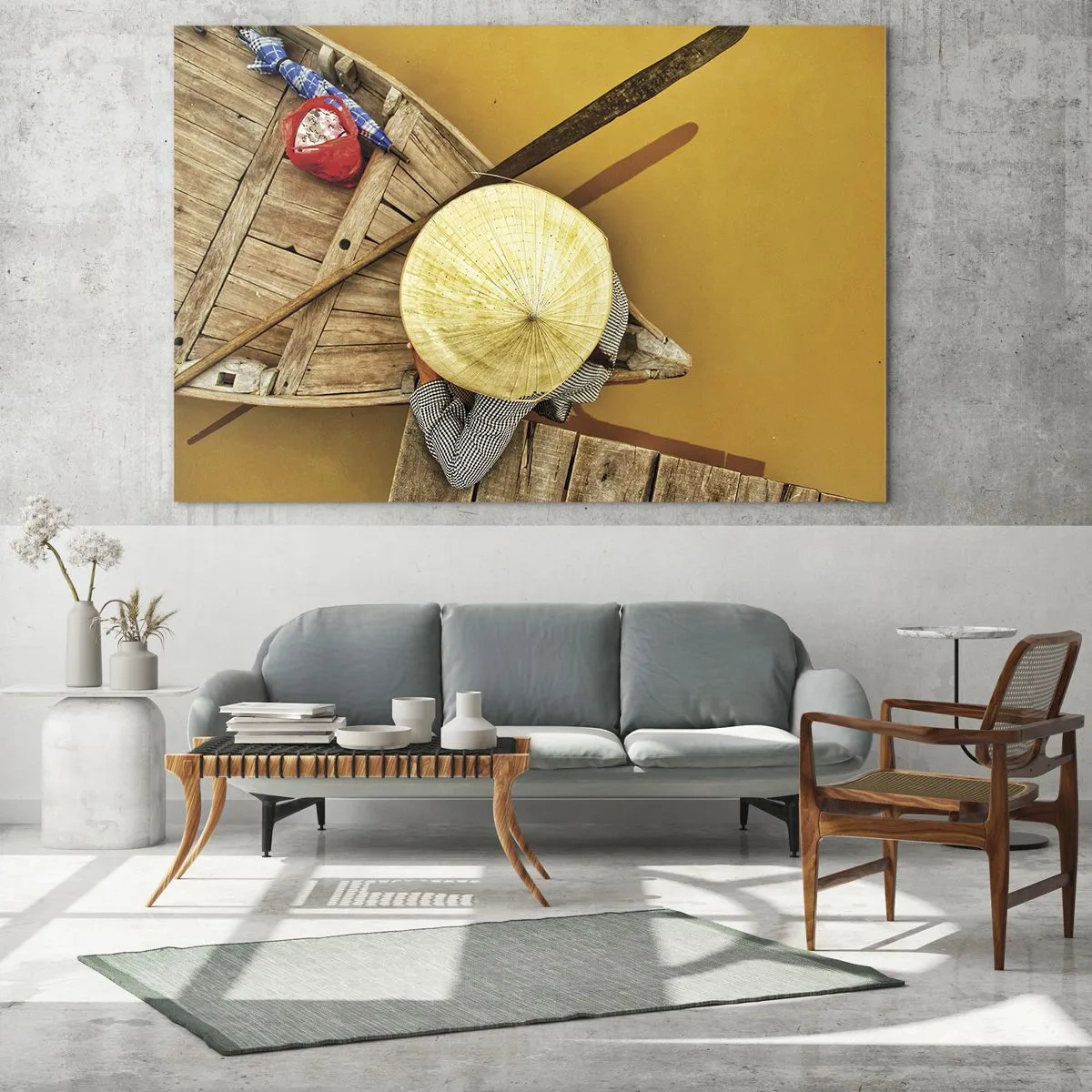 Glasbild - Bild auf glas - Draufsicht auf ein Boot und eine Person mit einem konischen Hut - 70x50cm - Leben am Gelben Fluss - Moderne Wanddekoration für Wohnzimmer und Schlafzimmer ARTTOR