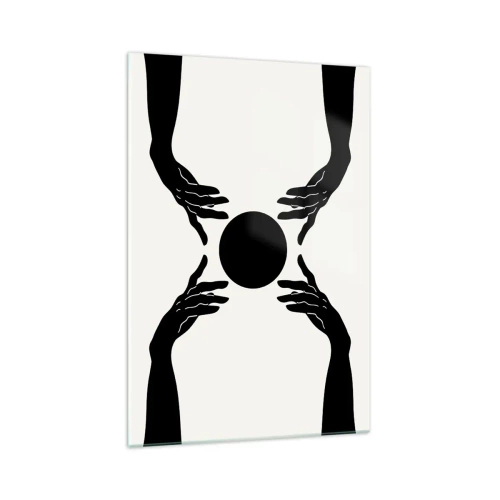 Glasbild - Bild auf glas - Schwarze Hände in einer symmetrischen Komposition mit einer Kugel - 70x100cm - Geheimes Zeichen - Moderne Wanddekoration für Wohnzimmer und Schlafzimmer ARTTOR