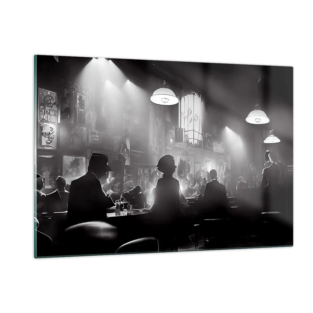 Glasbild - Bild auf glas - Schwarz-weiße Jazzbühne im Club-Interieur - 120x80cm - In Jazz-Atmosphäre - Moderne Wanddekoration für Wohnzimmer und Schlafzimmer ARTTOR