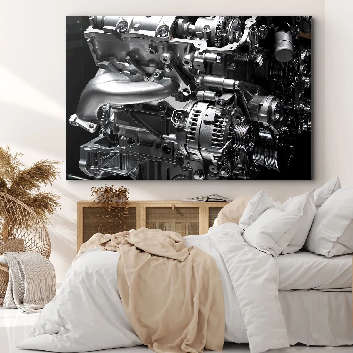 Bild auf Leinwand - Leinwandbild - Nahaufnahme von metallischen Motorteilen auf schwarzem Hintergrund - 120x80cm - Stahl, schön, stark - Moderne Wanddekoration für Wohnzimmer und Schlafzimmer ARTTOR
