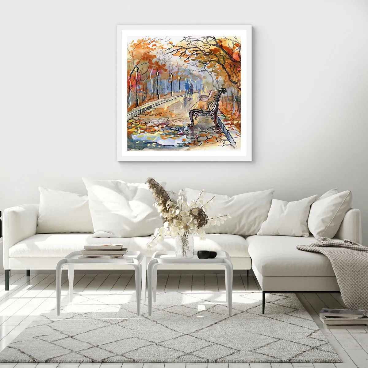 Poster in einem weißen Rahmen - Gemeinsam im Herbst wandern - 60x60 cm