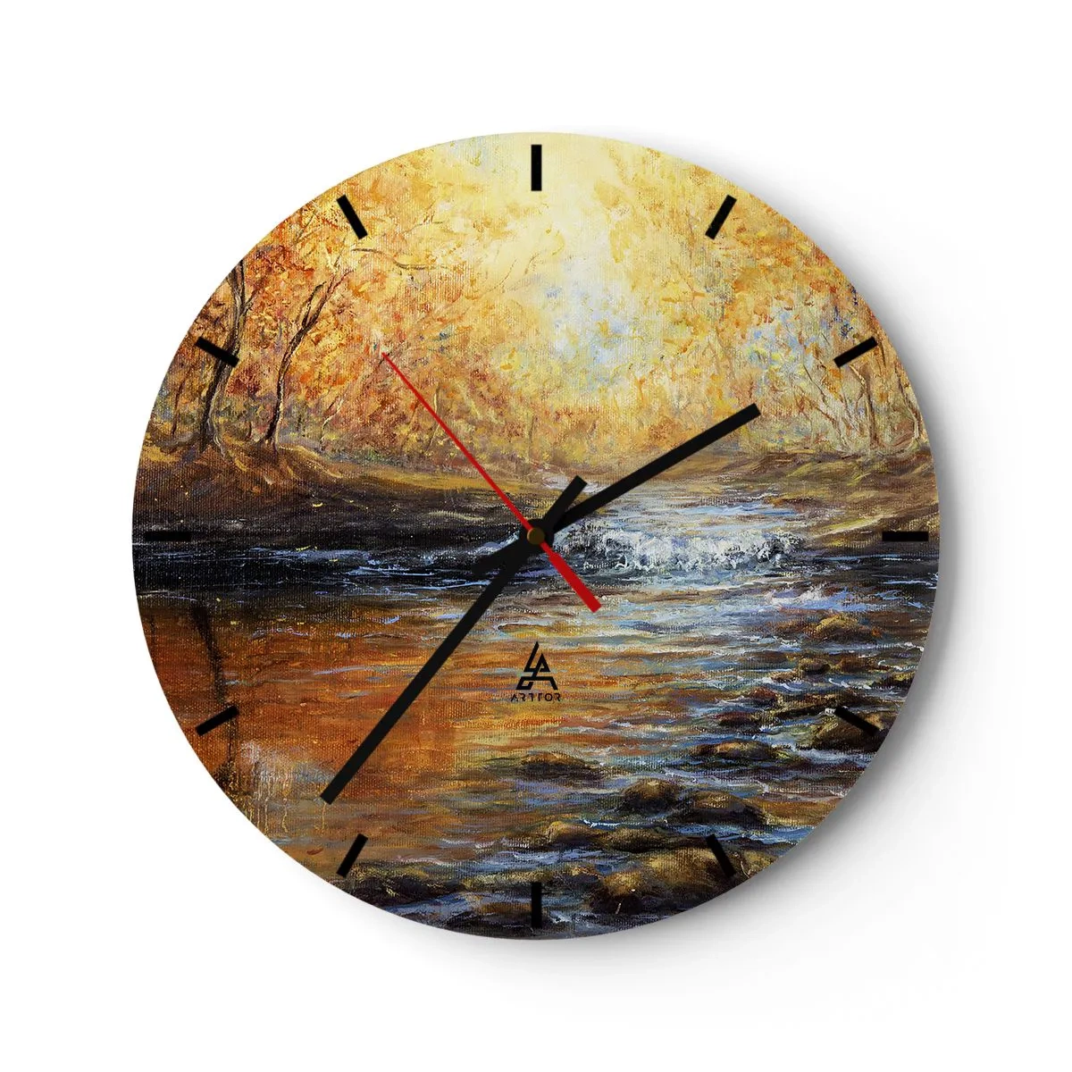 Wanduhr - Glasuhr - Herbstlandschaft mit einem Fluss, umgeben von goldenen Bäumen - 30x30cm - Der goldene Strom - Moderne Wanddekoration für Wohnzimmer, Küche und Schlafzimmer ARTTOR