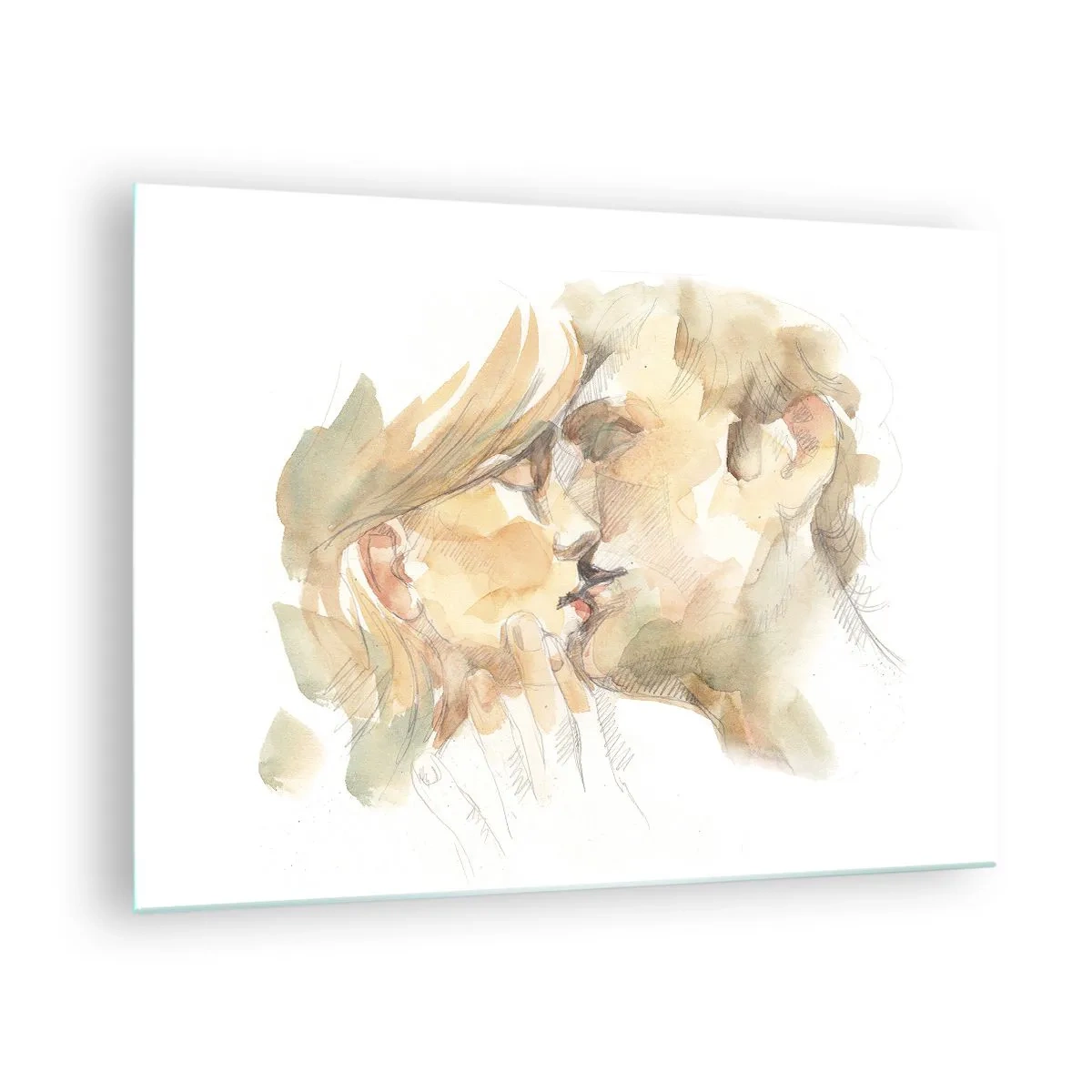 Glasbild - Bild auf glas - Romantisches Aquarell eines Liebeskusses - 70x50cm - Hälfte gefunden? - Moderne Wanddekoration für Wohnzimmer und Schlafzimmer ARTTOR