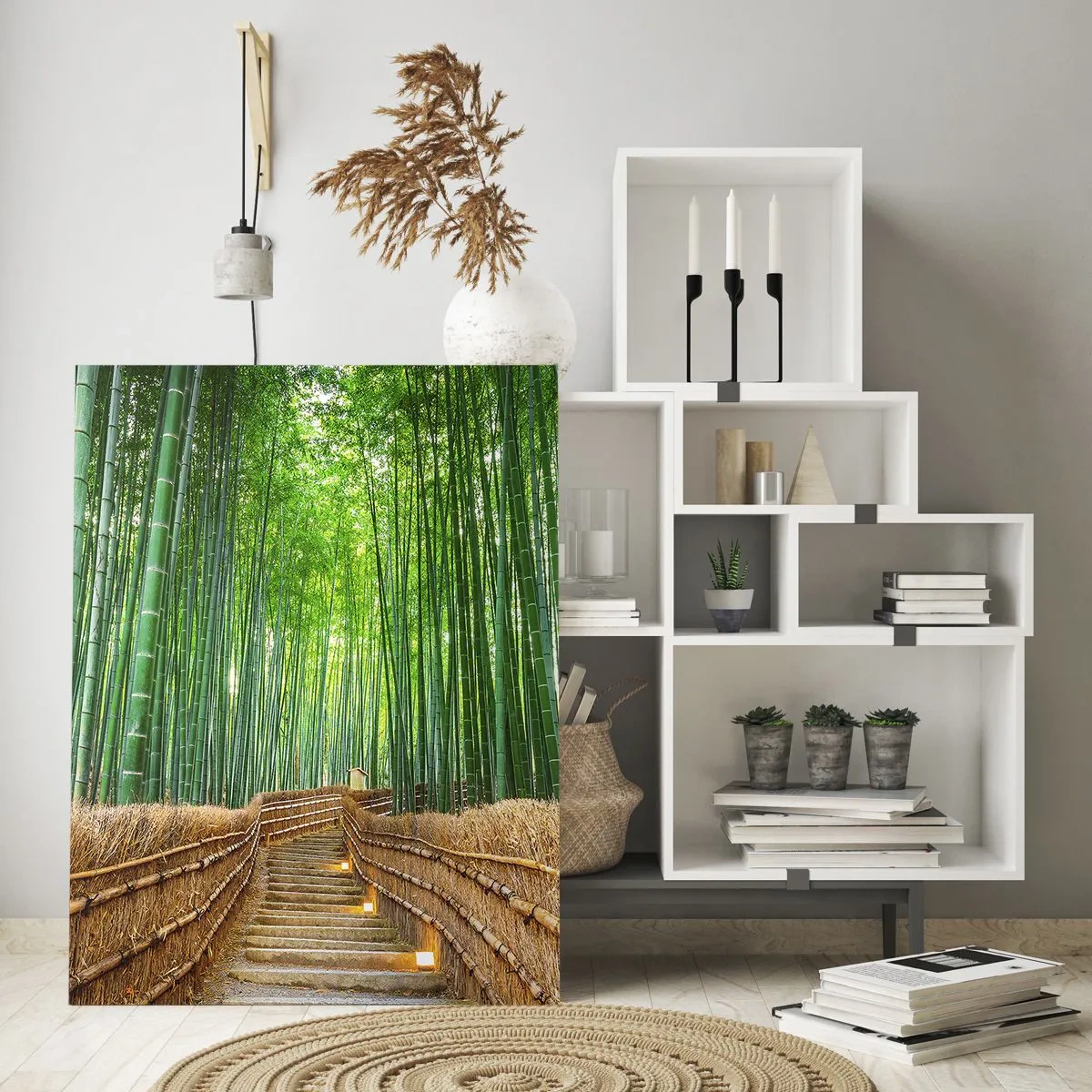 Glasbild - Bild auf glas - Ein Weg im Bambuswald, der durch die Treppe führt - 50x70cm - Die Essenz der asiatischen Natur - Moderne Wanddekoration für Wohnzimmer und Schlafzimmer ARTTOR