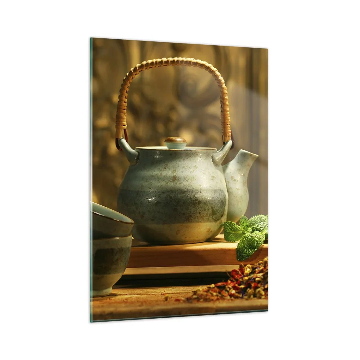 Glasbild - Bild auf glas - Keramik-Teeservice mit Kräutern im klassischen Dekor - 50x70cm - Abhandlung über das Teetrinken - Moderne Wanddekoration für Wohnzimmer und Schlafzimmer ARTTOR