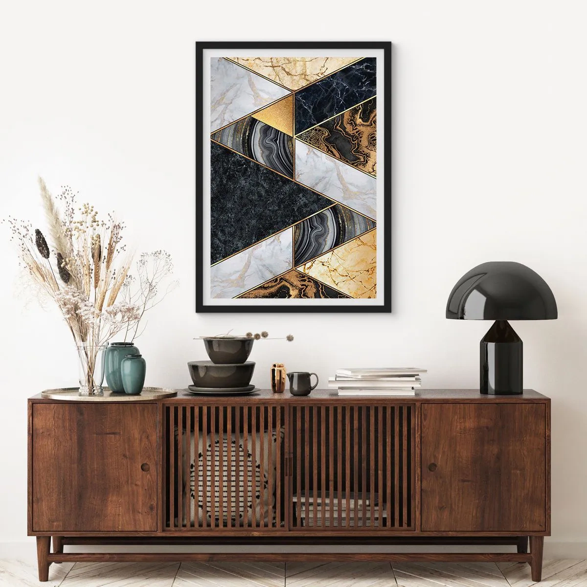 Poster in einem schwarzem Rahmen - Marmorgeometrie in Gold-, Schwarz- und Weißtönen - 50x70cm - Stein um Stein - Moderne Wanddekoration für Wohnzimmer und Schlafzimmer ARTTOR