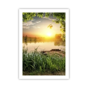 Poster - Sonnenuntergang über dem See mit einem Pier - 50x70cm - Landschaft in einem grünen Rahmen - Moderne Wanddekoration für Wohnzimmer und Schlafzimmer ARTTOR