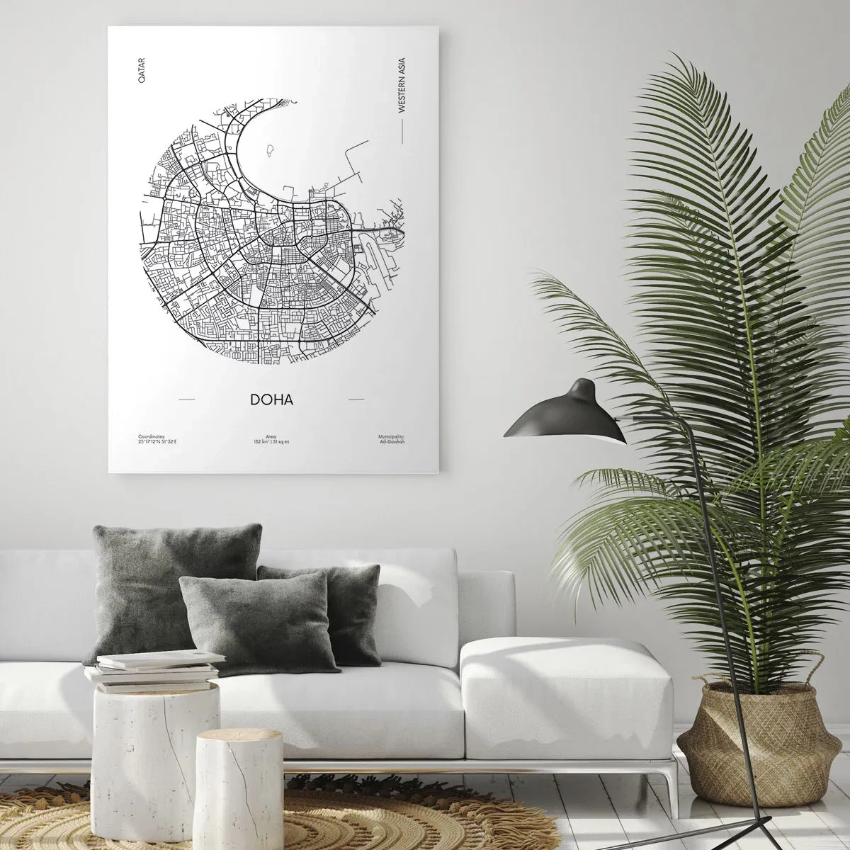 Glasbild - Bild auf glas - Eine minimalistische Karte von Doha in Schwarzweiß mit präzisen Details. - 80x120cm - Anatomie von Doha - Moderne Wanddekoration für Wohnzimmer und Schlafzimmer ARTTOR