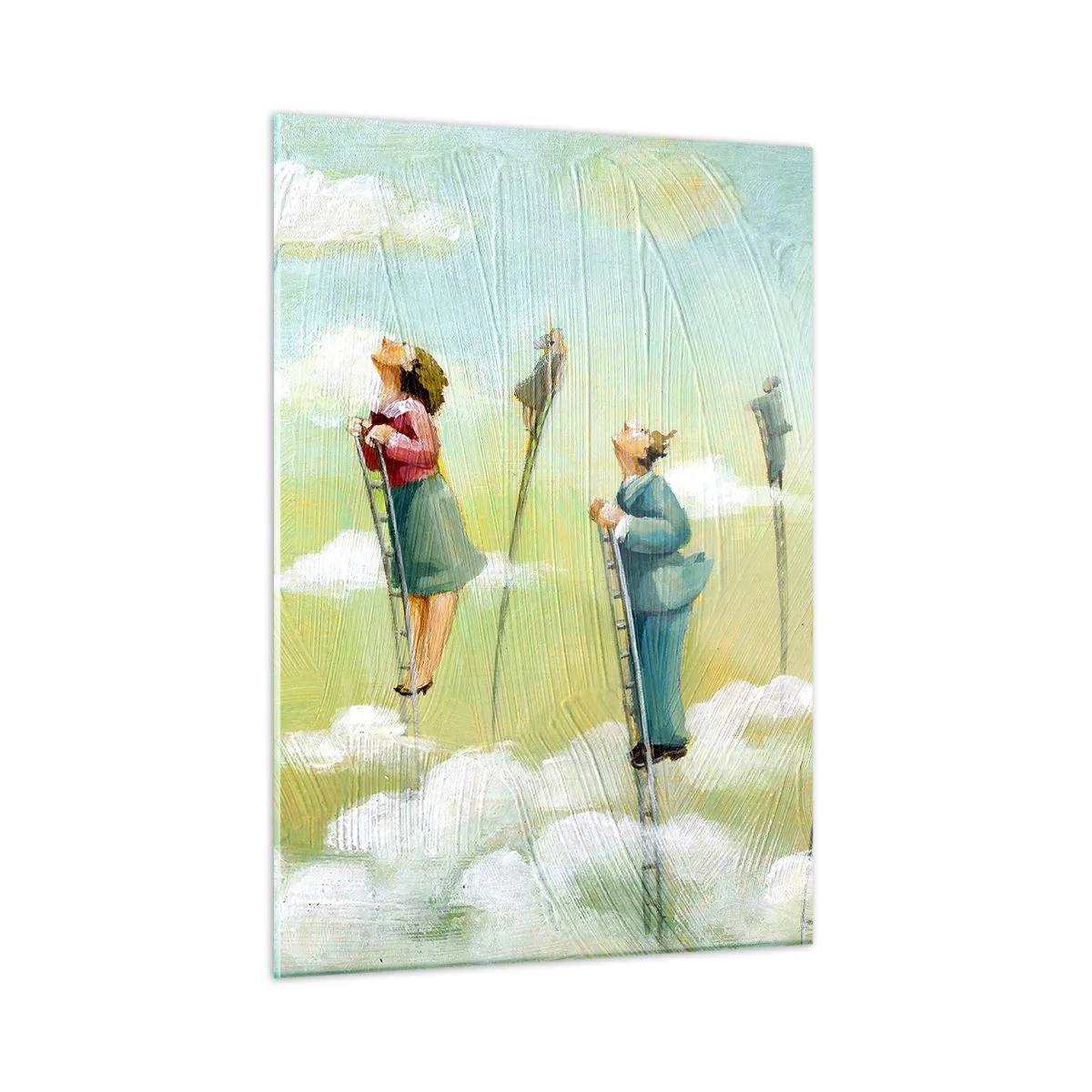 Glasbild - Bild auf glas - Figuren, die Leitern zwischen den Wolken hinaufklettern - 50x70cm - Hinter deinem Traum - Moderne Wanddekoration für Wohnzimmer und Schlafzimmer ARTTOR