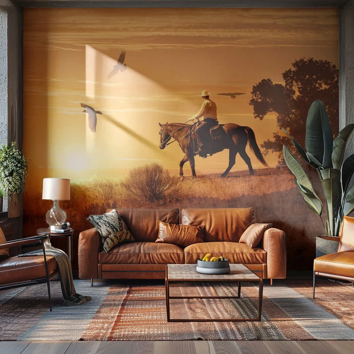 Fototapete Premium Sand - Allein durch die Prärie - Pferd, Cowboy, Landschaft - 150x105 cm