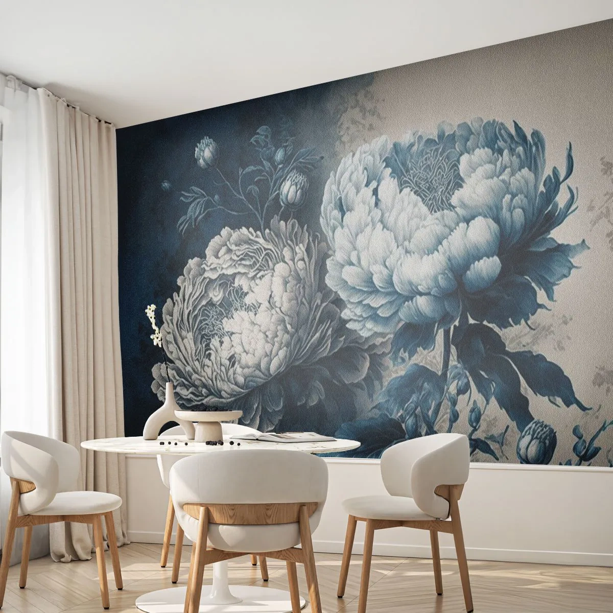 Fototapete Premium Sand - Pfingstrosenblüten in Blau- und Cremetönen - 100x70cm - Passendes Paar - Moderne Wanddekoration für Wohnzimmer und Schlafzimmer ARTTOR