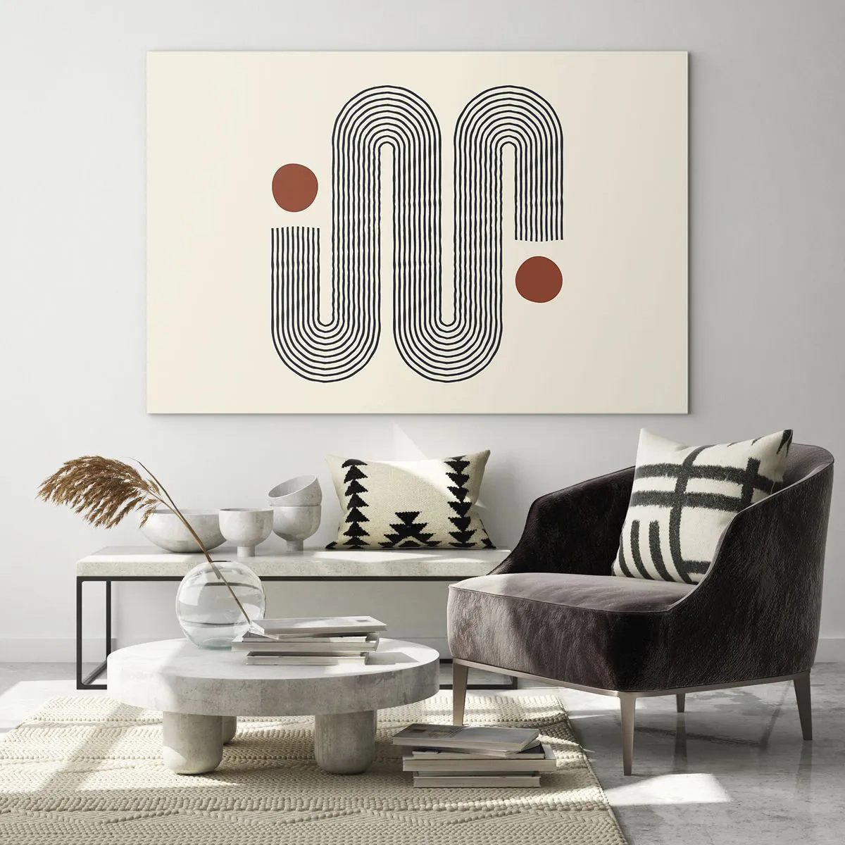 Glasbild - Bild auf glas - Minimalistisches Linienmuster mit roten Punkten - 70x50cm - Vom Anfang bis zum Ende - Moderne Wanddekoration für Wohnzimmer und Schlafzimmer ARTTOR